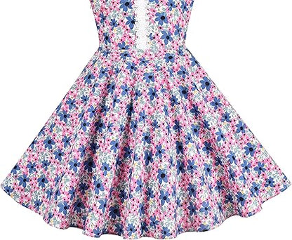 Sunny Fashion Girls Blue Floral Cotton A-Line Dress with Lace V-Neck Trim