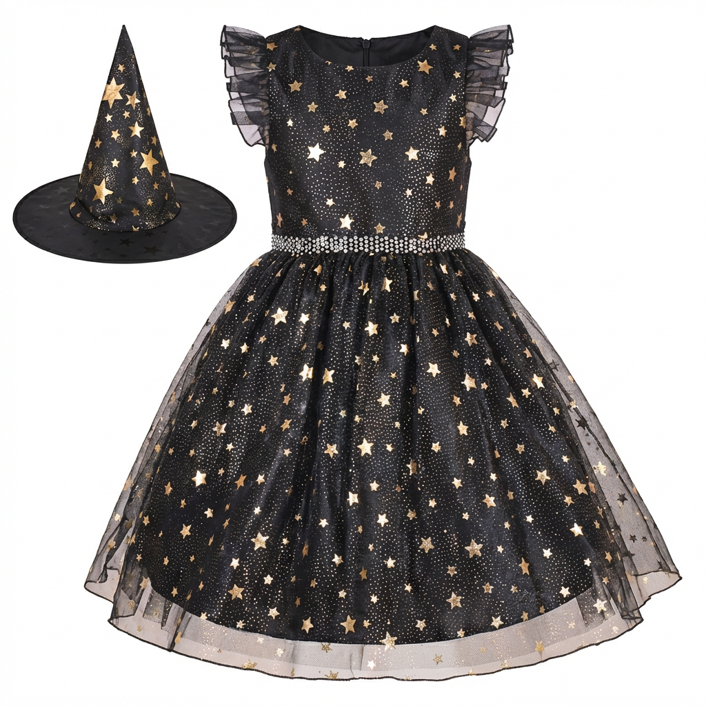Sunny Fashion Girls Halloween Witch Costume Dress Set with Hat