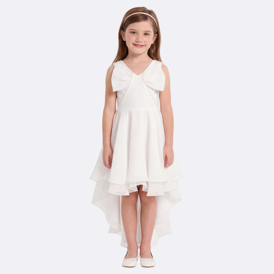 Sunny Fashion Girls White Pearl Ruffle Bow Hi-Lo Party Dress