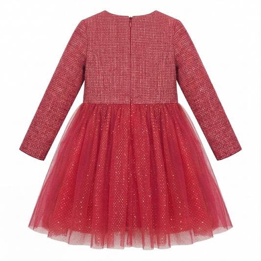 Sunny Fashion Girls Elegant Red Tweed Tulle Party Dress