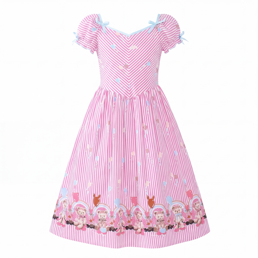 Sunny Fashion Girls Pink Vintage Stripe Bear Dress