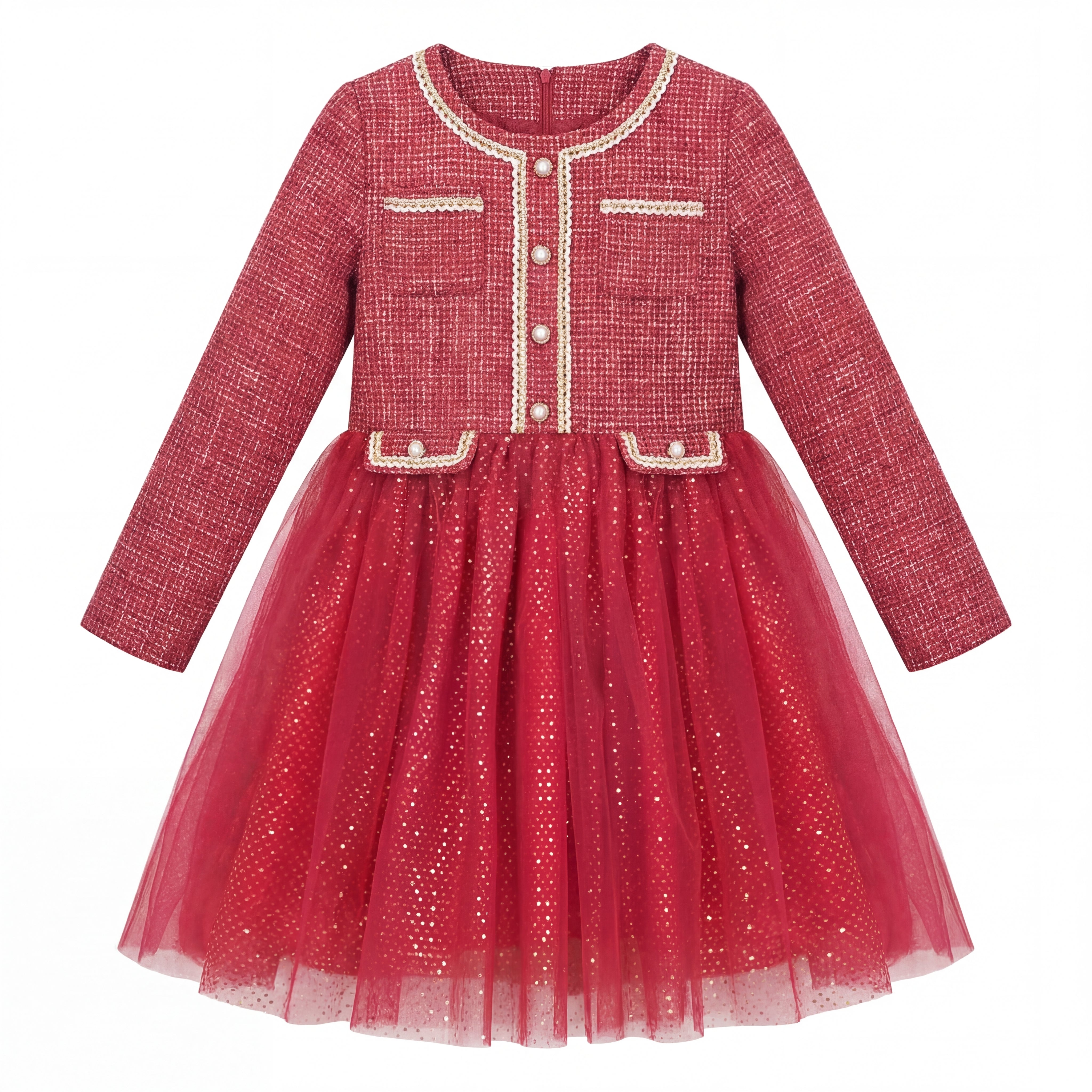 Sunny Fashion Girls Elegant Red Tweed Tulle Party Dress