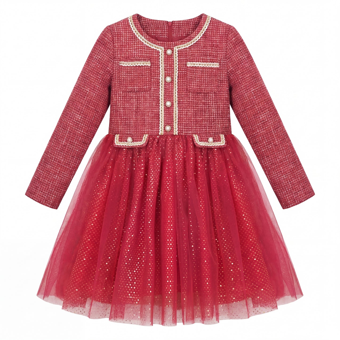 Sunny Fashion Girls Elegant Red Tweed Tulle Party Dress