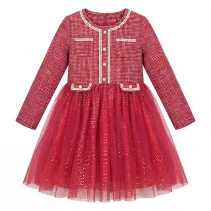 Sunny Fashion Girls Elegant Red Tweed Tulle Party Dress