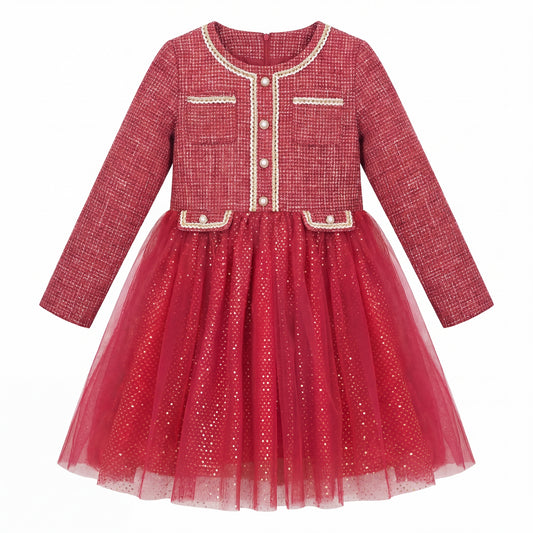 Sunny Fashion Girls Elegant Red Tweed Tulle Party Dress