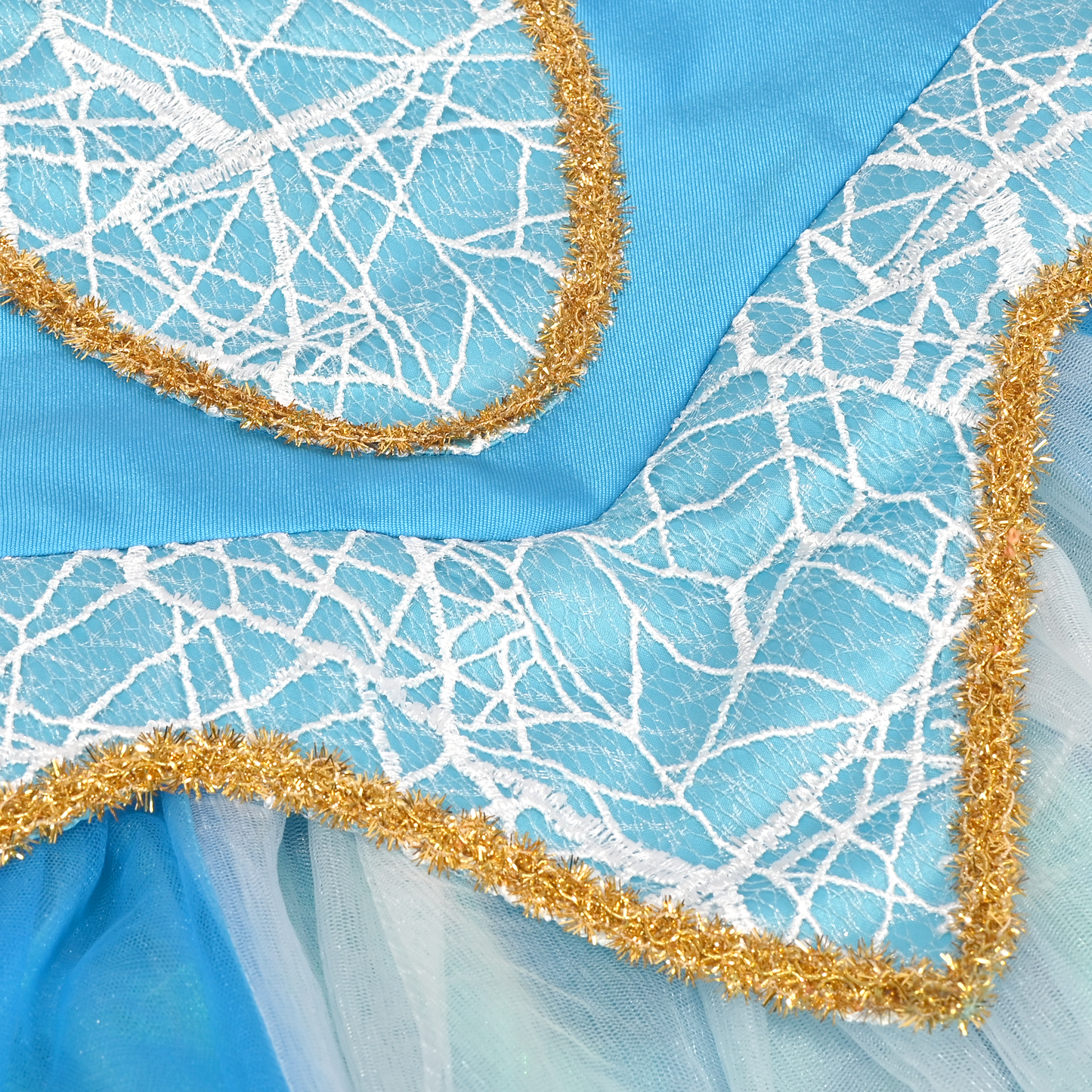 Sunny Fashion Girls Blue Princess Tulle Dress with Gold Trim Costume Gown