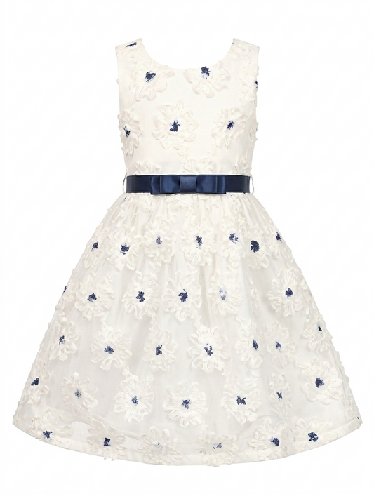 Sunny Fashion Girls White Floral Embroidered Tulle Dress with Navy Belt