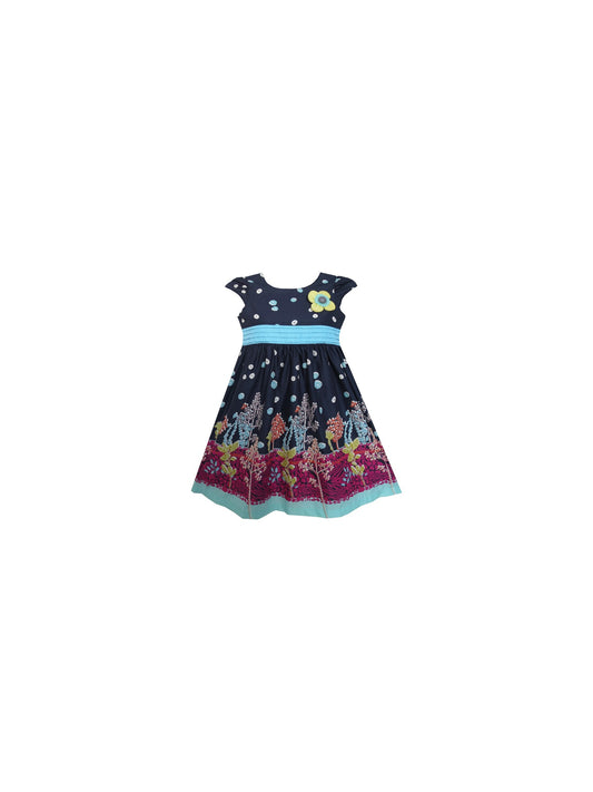 Girls Dress Flowers Trees Dark Blue Short Sleeve Knee Length Blue