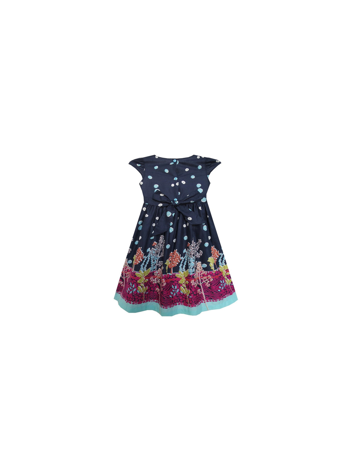 Girls Dress Flowers Trees Dark Blue Short Sleeve Knee Length Blue