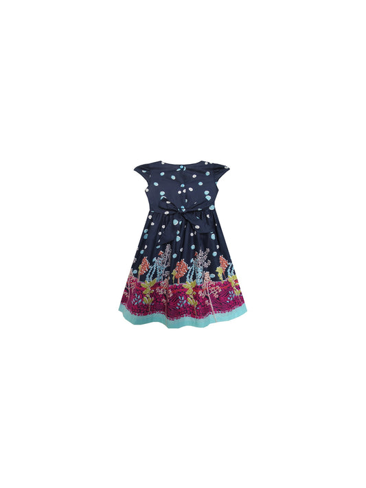 Girls Dress Flowers Trees Dark Blue Short Sleeve Knee Length Blue