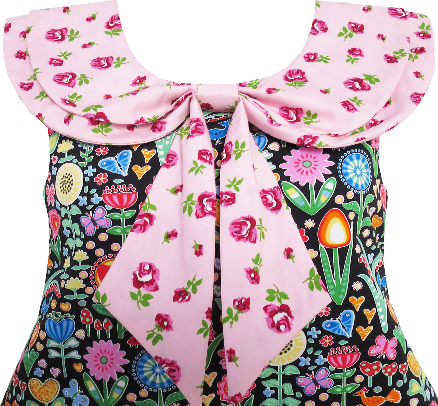 Girls Dress Turn-Down Collar Striped Blooming Rose Flower Size 2-12 Years