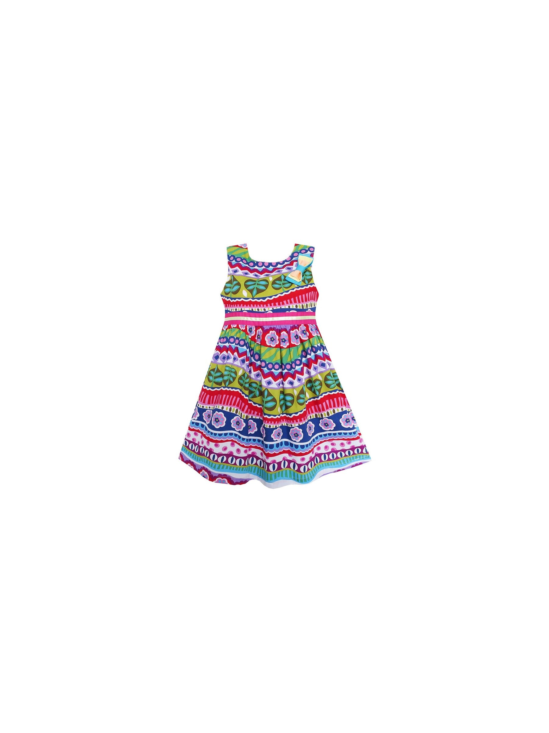 Girls Dress Bow Tie Flower Striped Print A-line Multi-Color