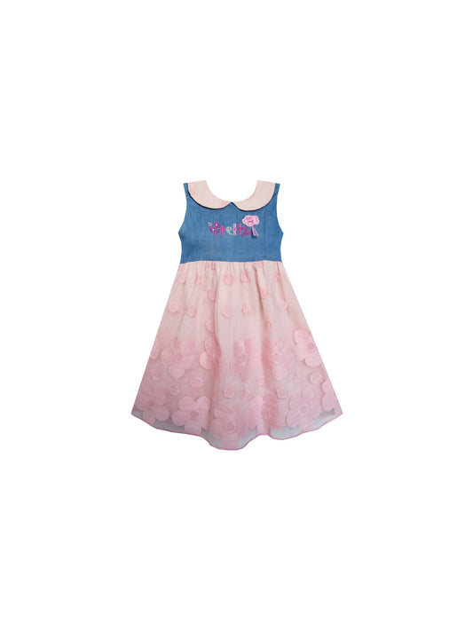 Girls Dress Pretty Print Pink Flower Tulle Lace Hemline Pink