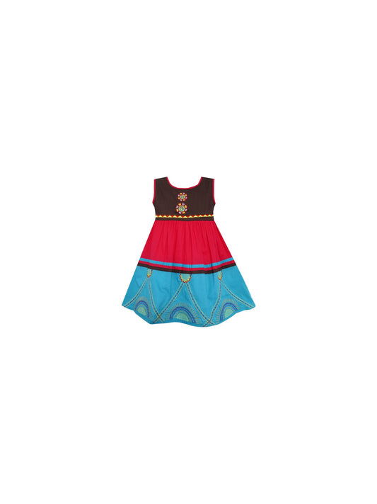 Girls Dress Color Block Hand Made Embroidered Flower Red Multi-Color