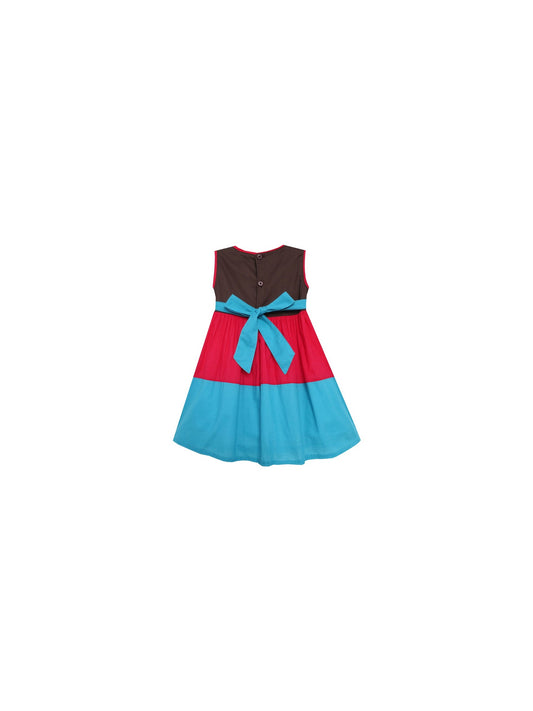 Girls Dress Color Block Hand Made Embroidered Flower Red Multi-Color