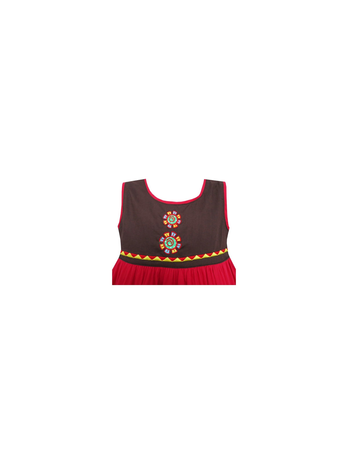 Girls Dress Color Block Hand Made Embroidered Flower Red Multi-Color