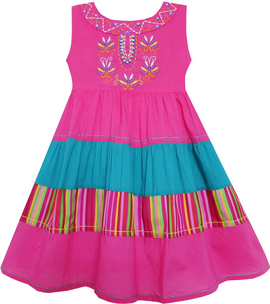 Girls Dress Color Block Striped Embroidered Flower Pink Pink