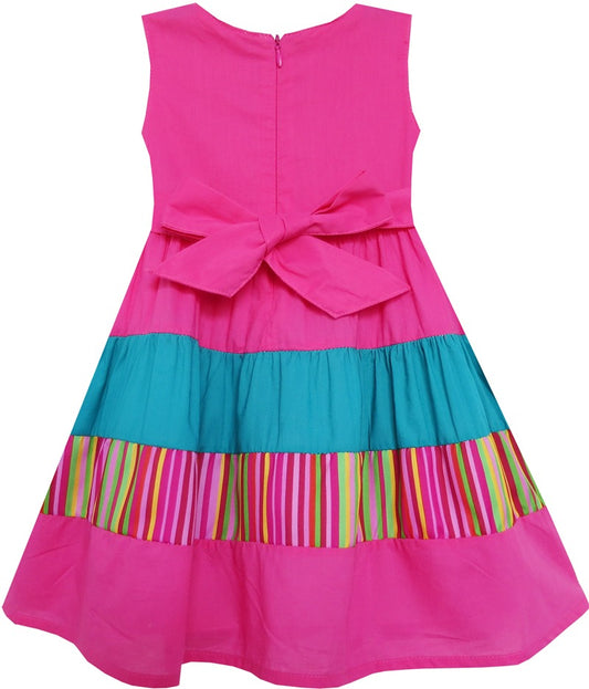 Girls Dress Color Block Striped Embroidered Flower Pink Pink