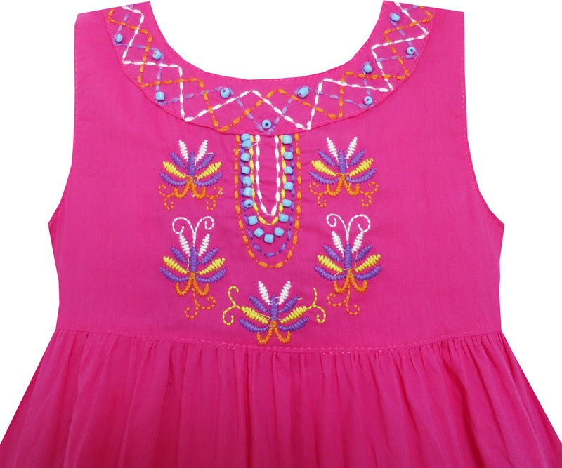 Girls Dress Color Block Striped Embroidered Flower Pink Pink