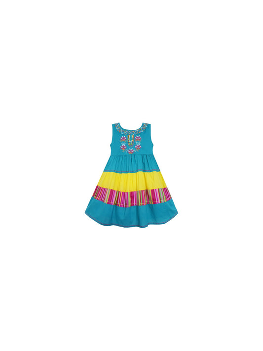 Girls Dress Color Block Striped Embroidered Flower Blue Blue