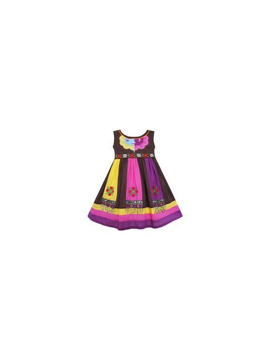 Girls Dress Color Block Hand Made Embroidered Flower Brown Brown