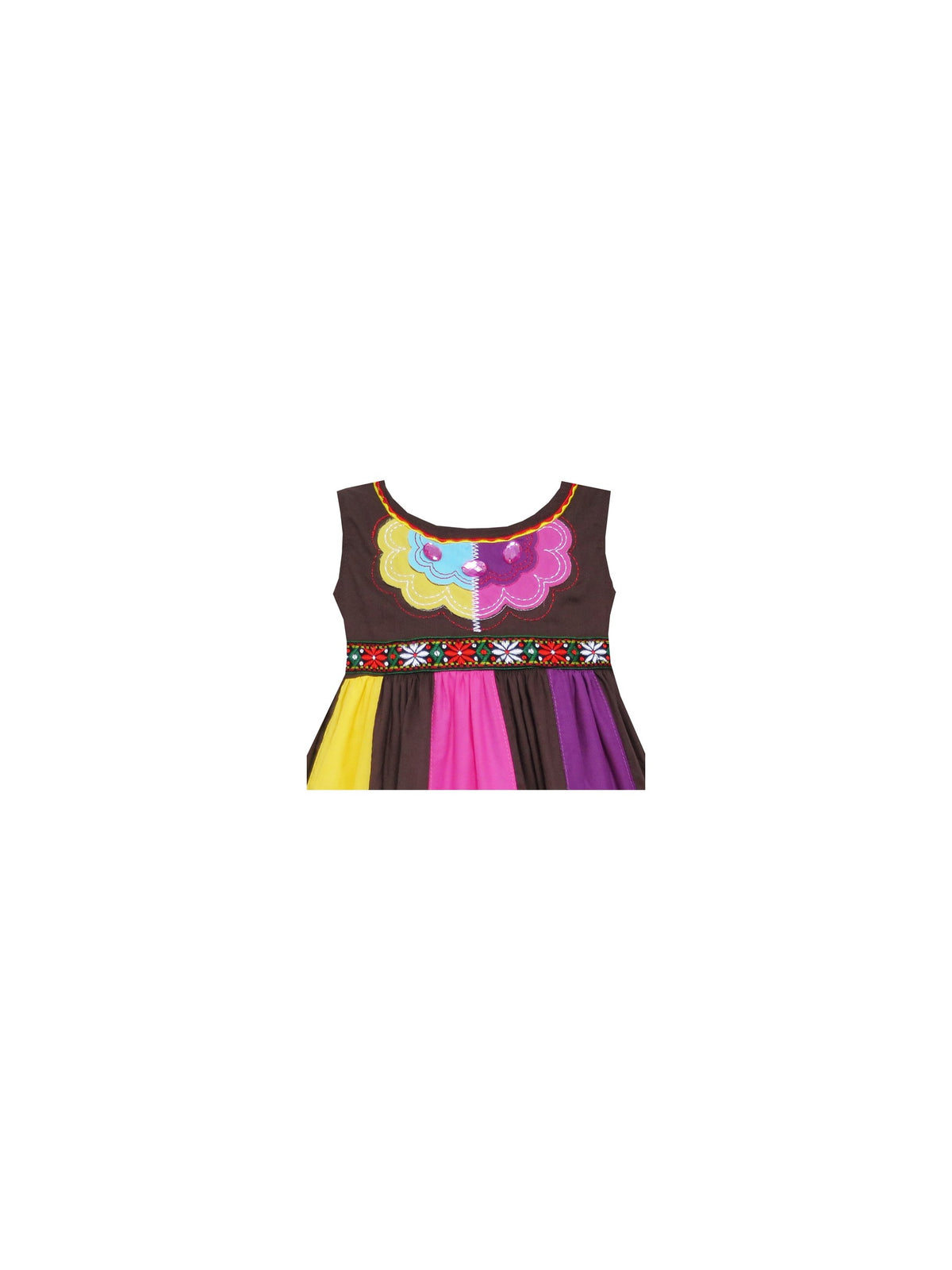 Girls Dress Color Block Hand Made Embroidered Flower Brown Brown