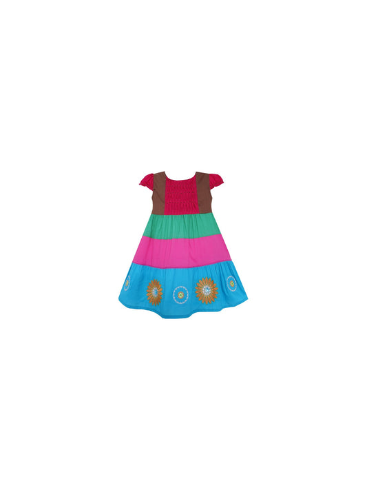 Girls Dress Color Block Smocked Embroidered Flower Red Multi-Color