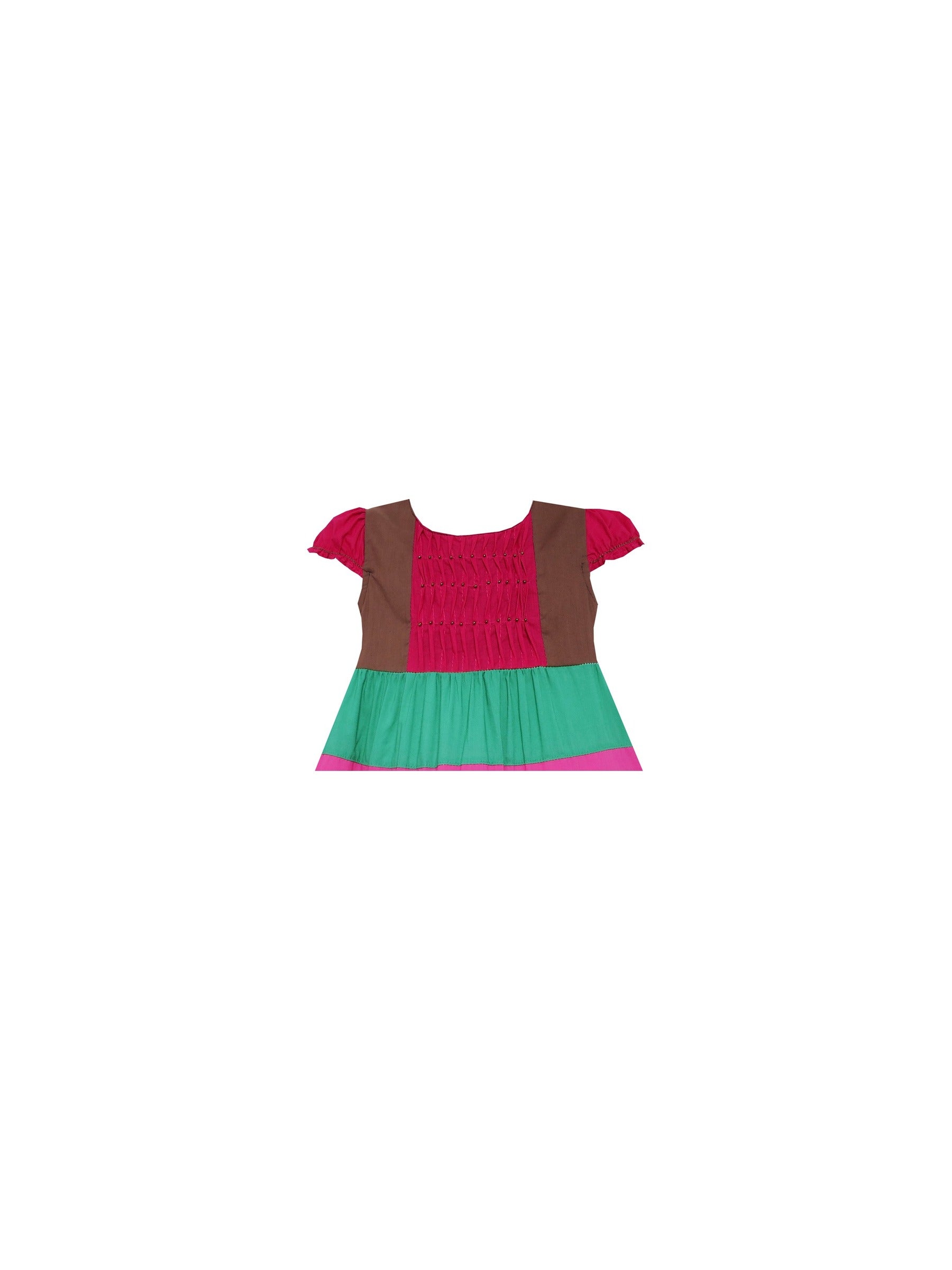Girls Dress Color Block Smocked Embroidered Flower Red Multi-Color