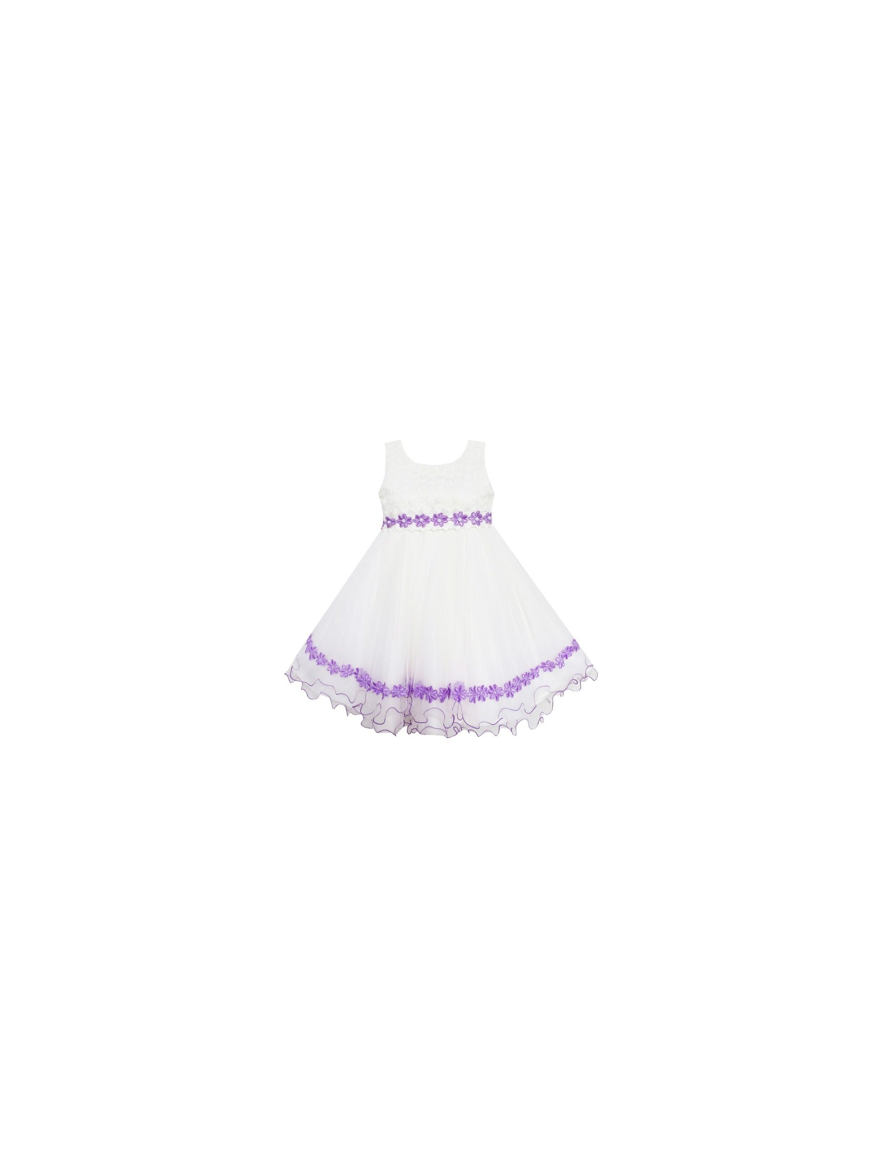 Girls Dress Tulle Lace Embroidered Flower Trim with Beading Purple