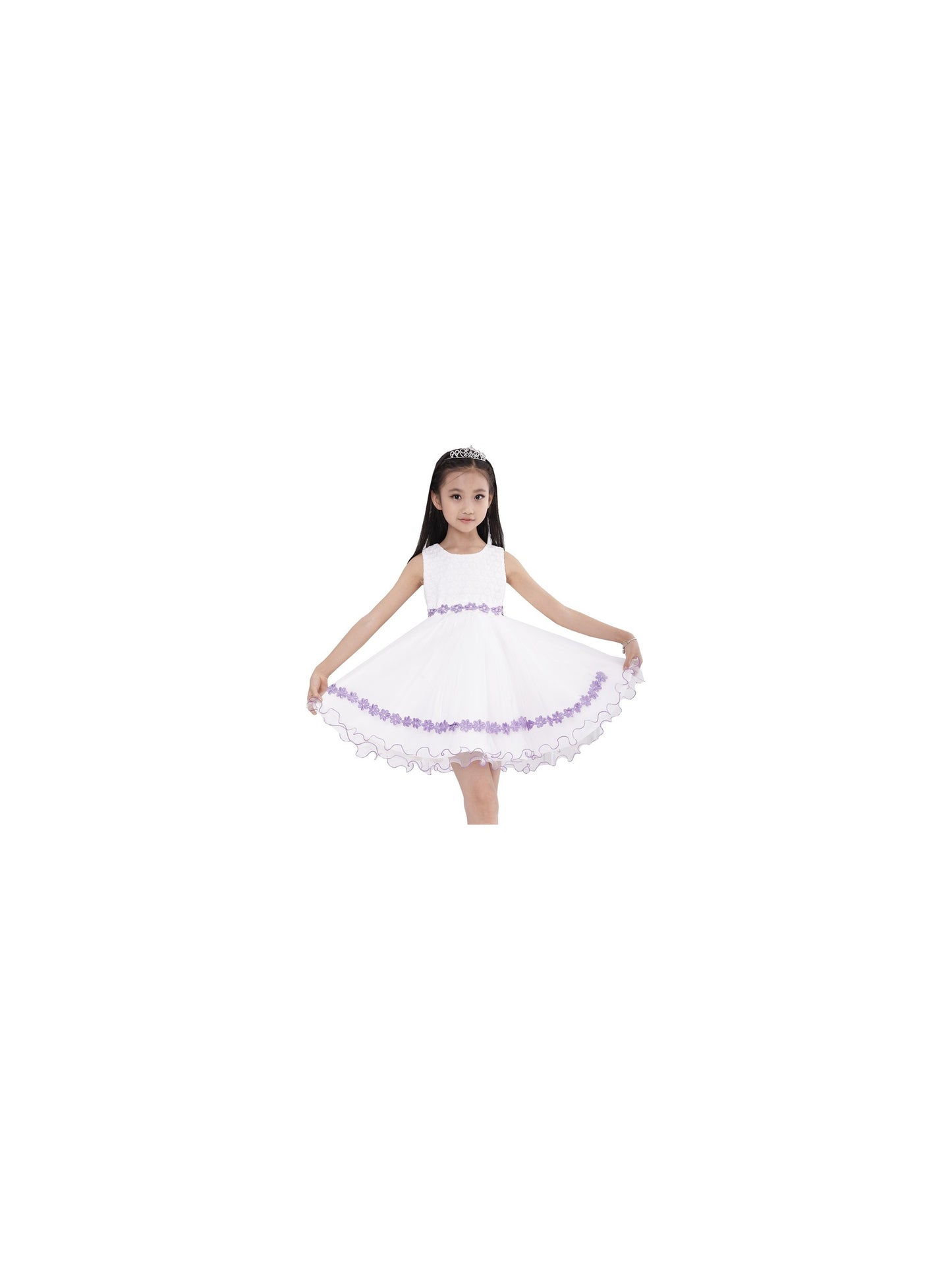 Girls Dress Tulle Lace Embroidered Flower Trim with Beading Purple