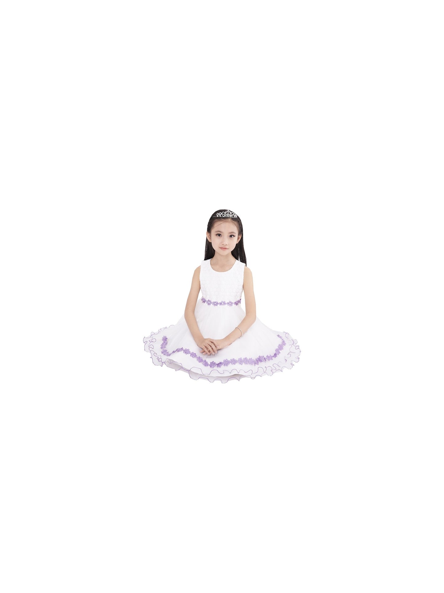 Girls Dress Tulle Lace Embroidered Flower Trim with Beading Purple