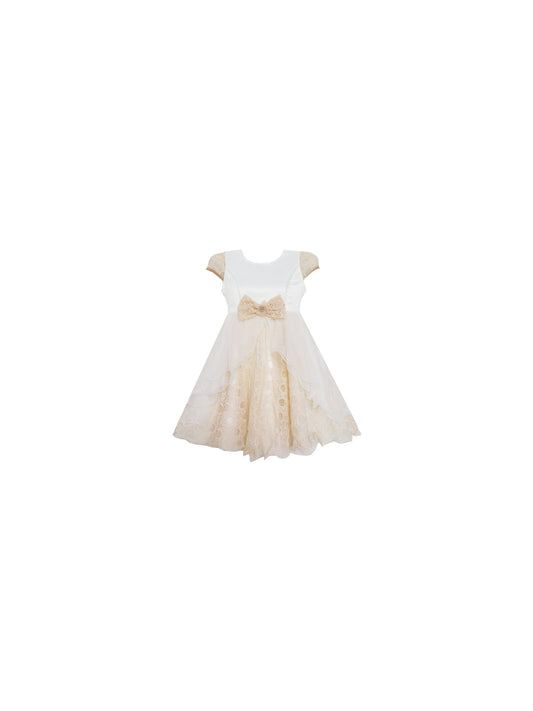 Girls Dress Bow Tie with Beading Lace Skirt Wedding White Beige