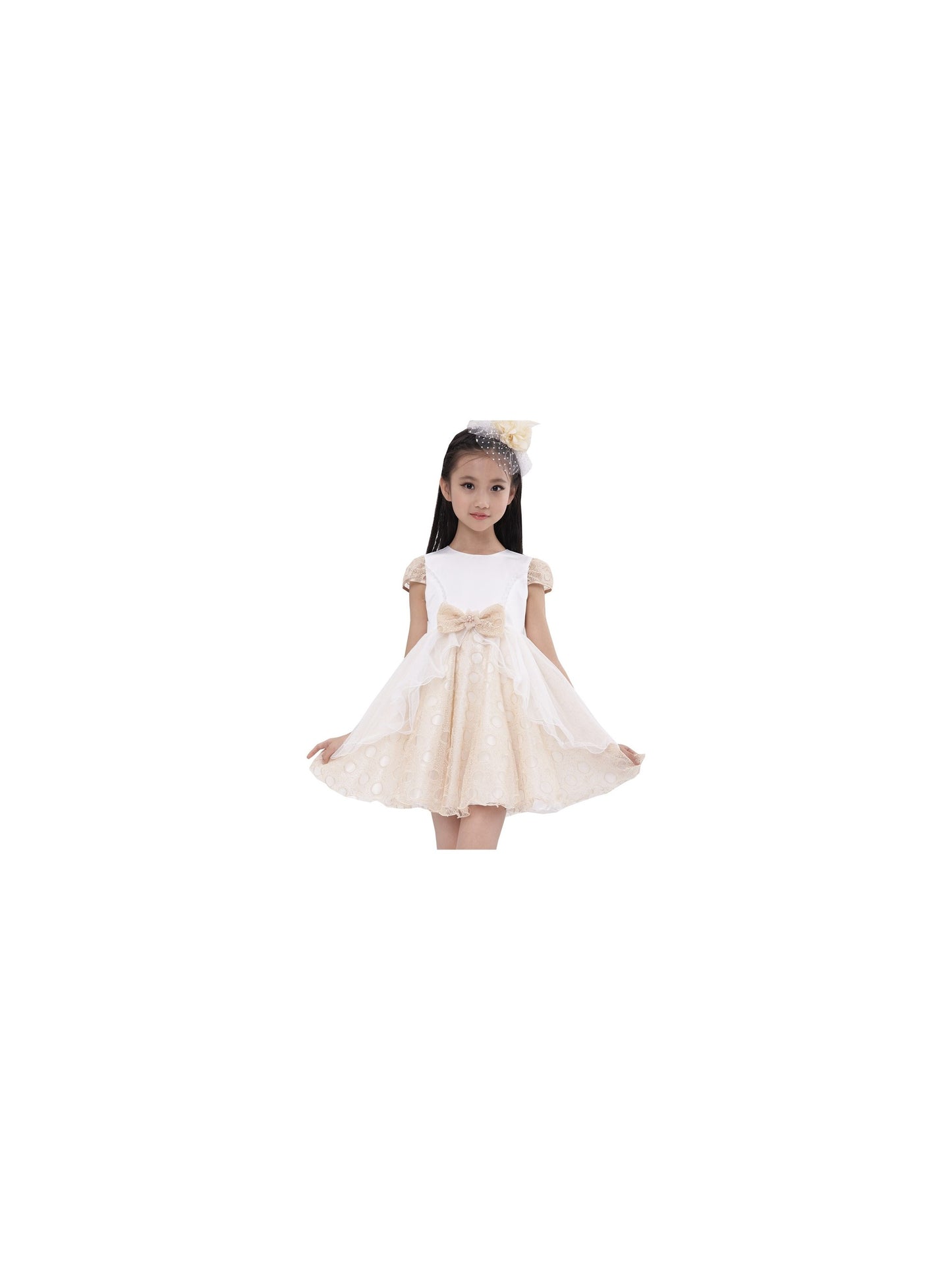Girls Dress Bow Tie with Beading Lace Skirt Wedding White Beige