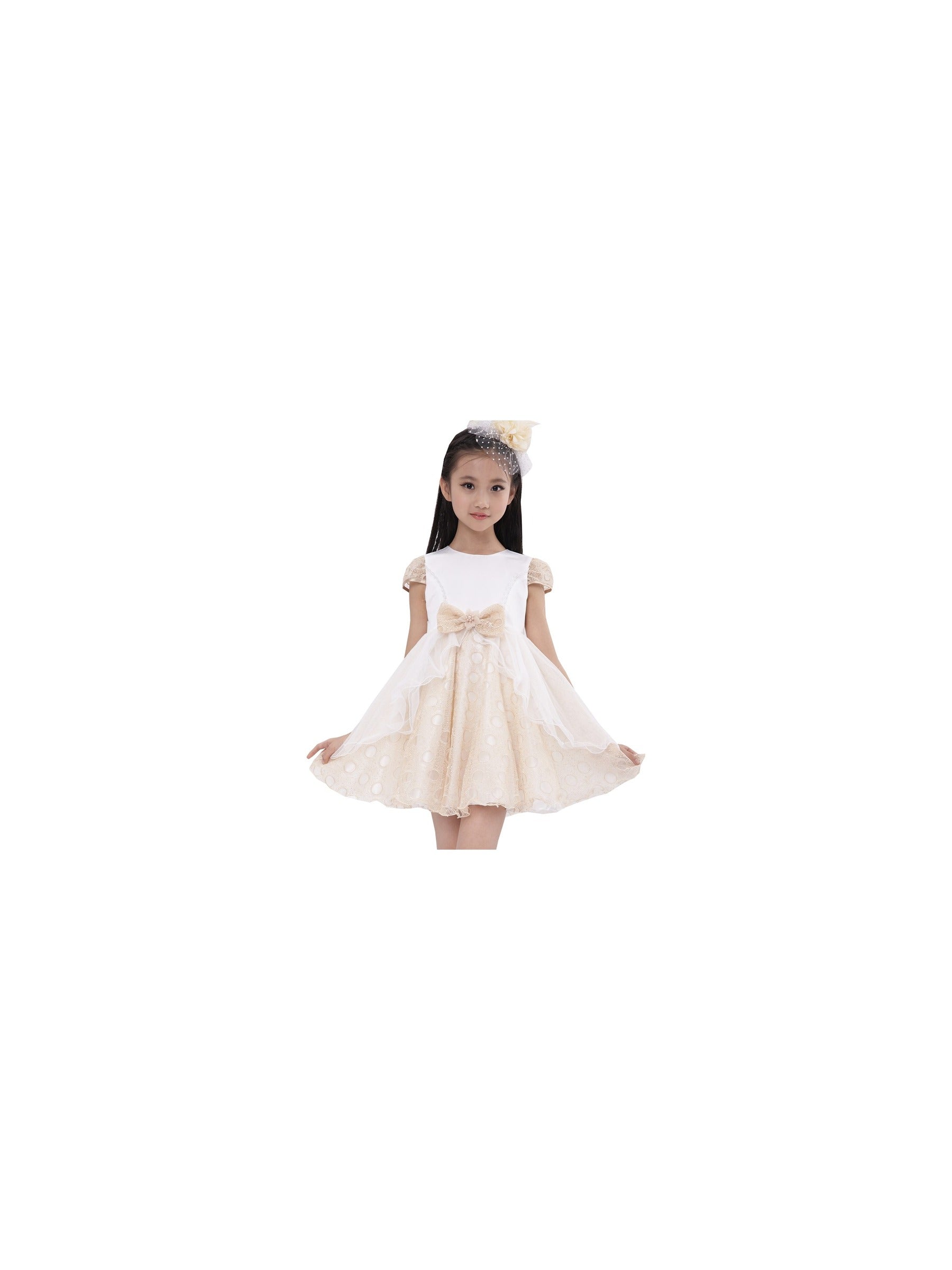 Girls Dress Bow Tie with Beading Lace Skirt Wedding White Beige
