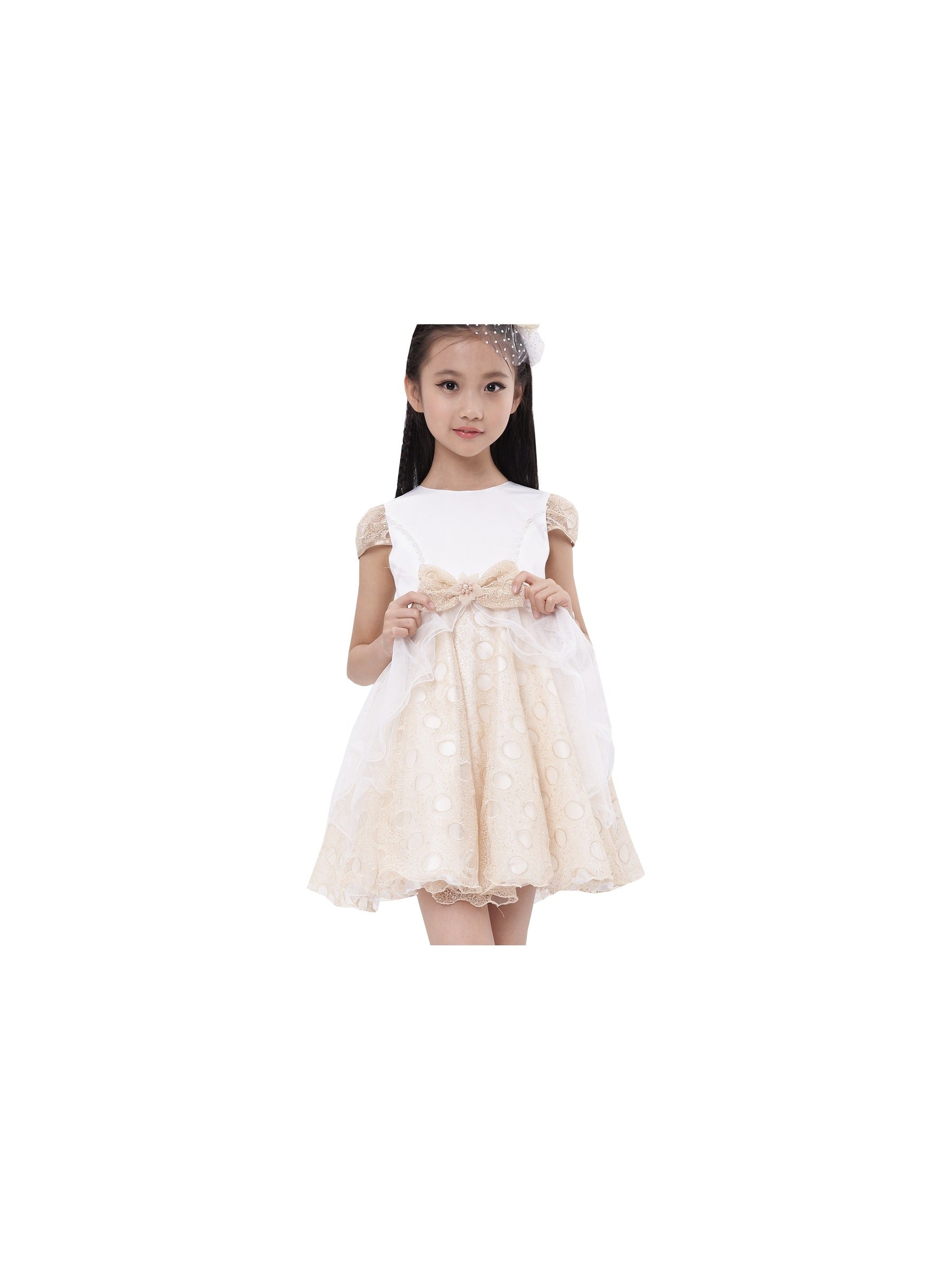 Girls Dress Bow Tie with Beading Lace Skirt Wedding White Beige