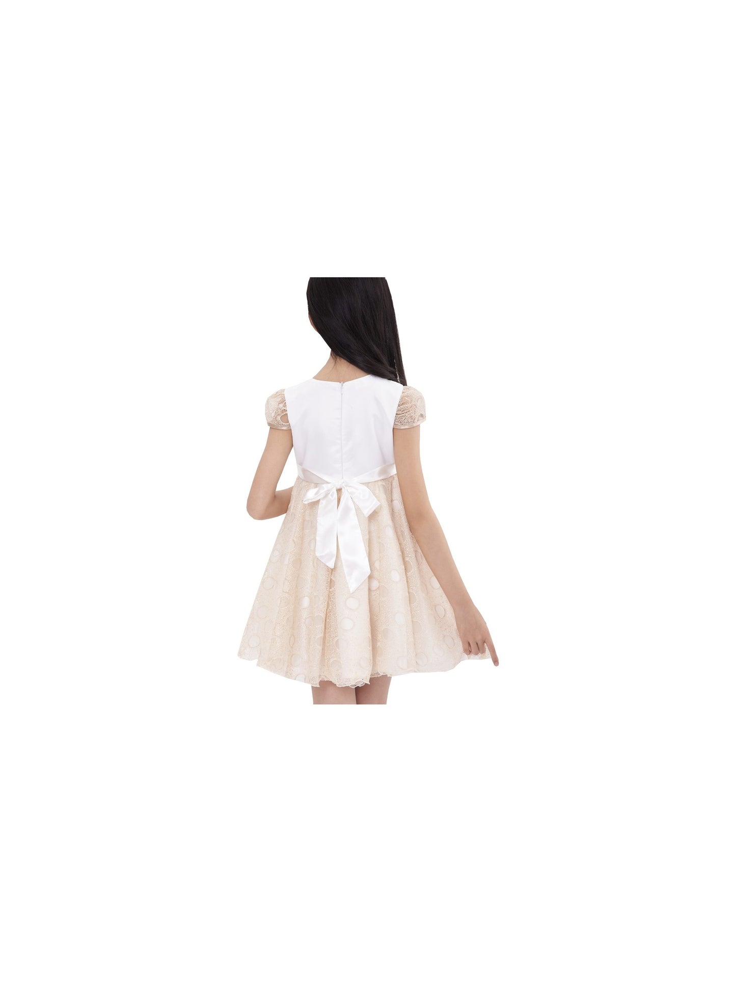 Girls Dress Bow Tie with Beading Lace Skirt Wedding White Beige