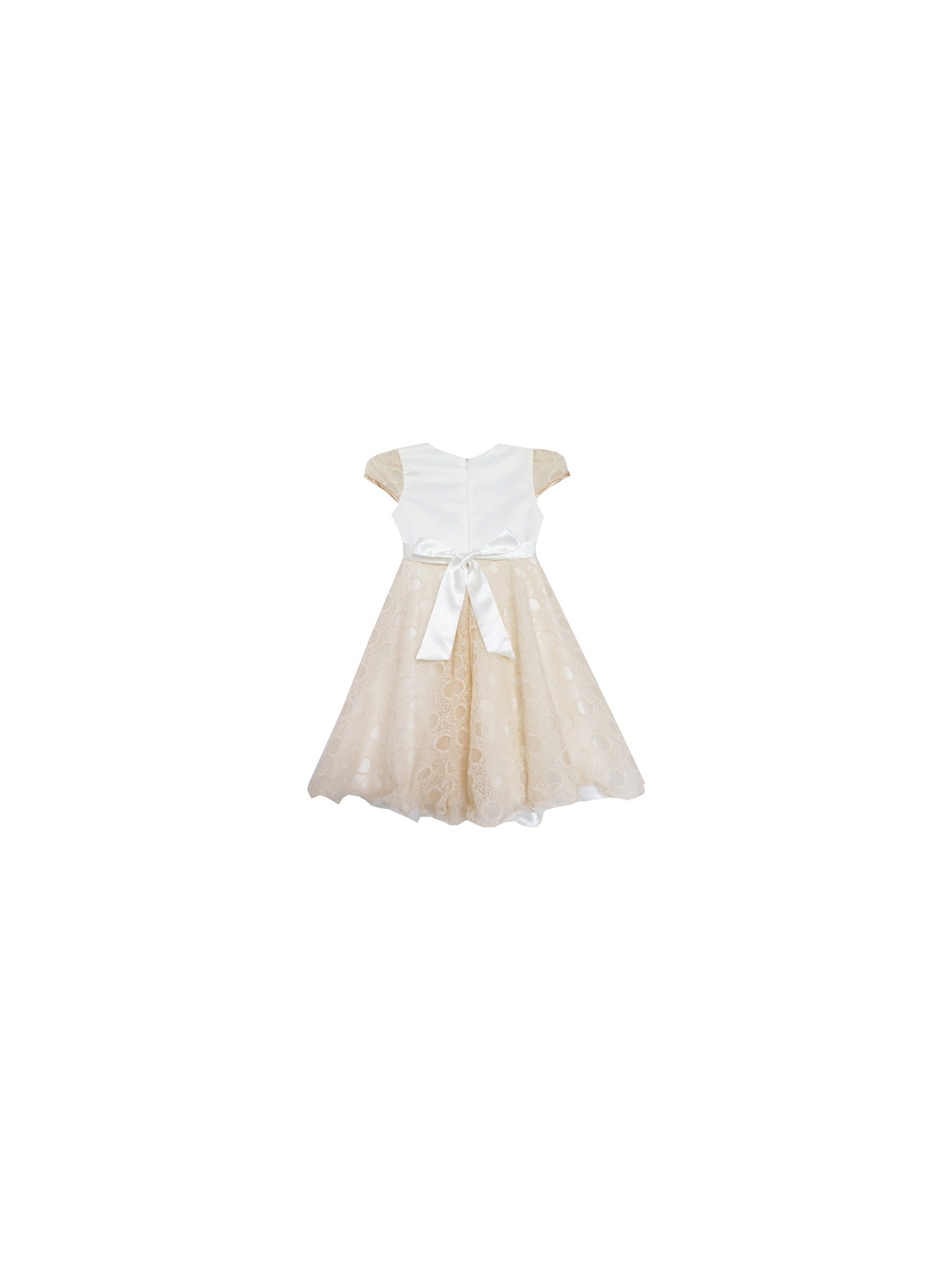 Girls Dress Bow Tie with Beading Lace Skirt Wedding White Beige
