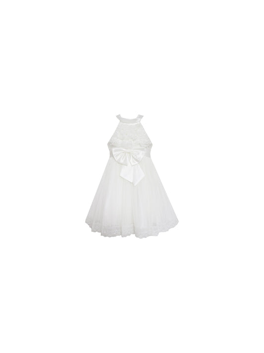 Girls Dress A-line Round Collar Sleeveless Pleated Bodice White White
