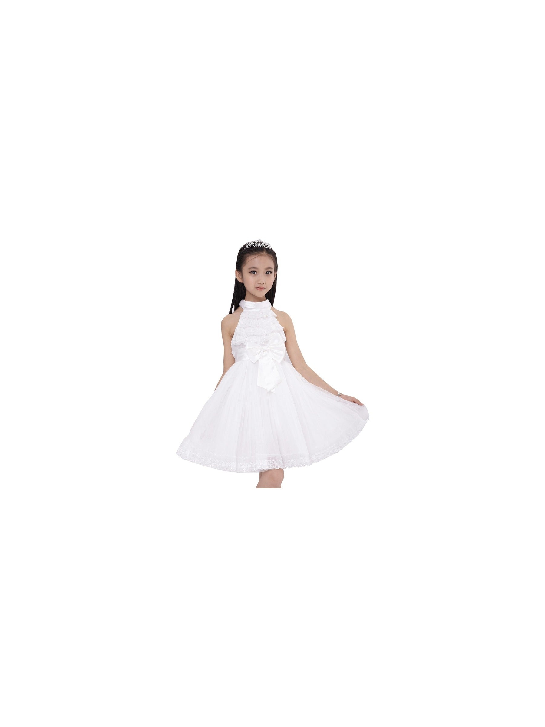 Girls Dress A-line Round Collar Sleeveless Pleated Bodice White White