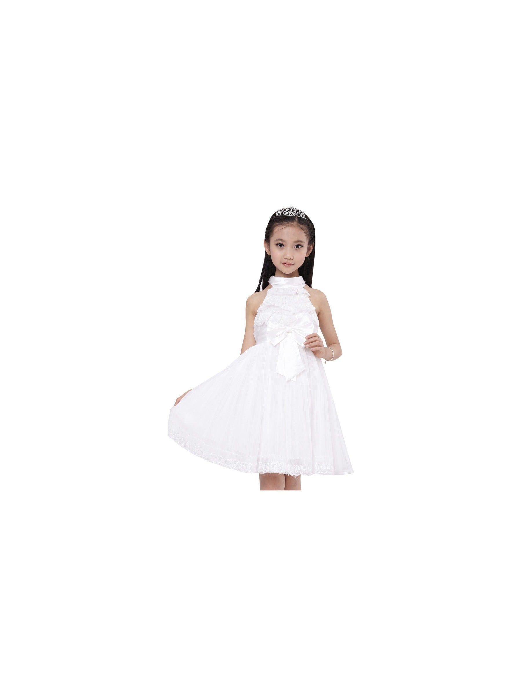 Girls Dress A-line Round Collar Sleeveless Pleated Bodice White White