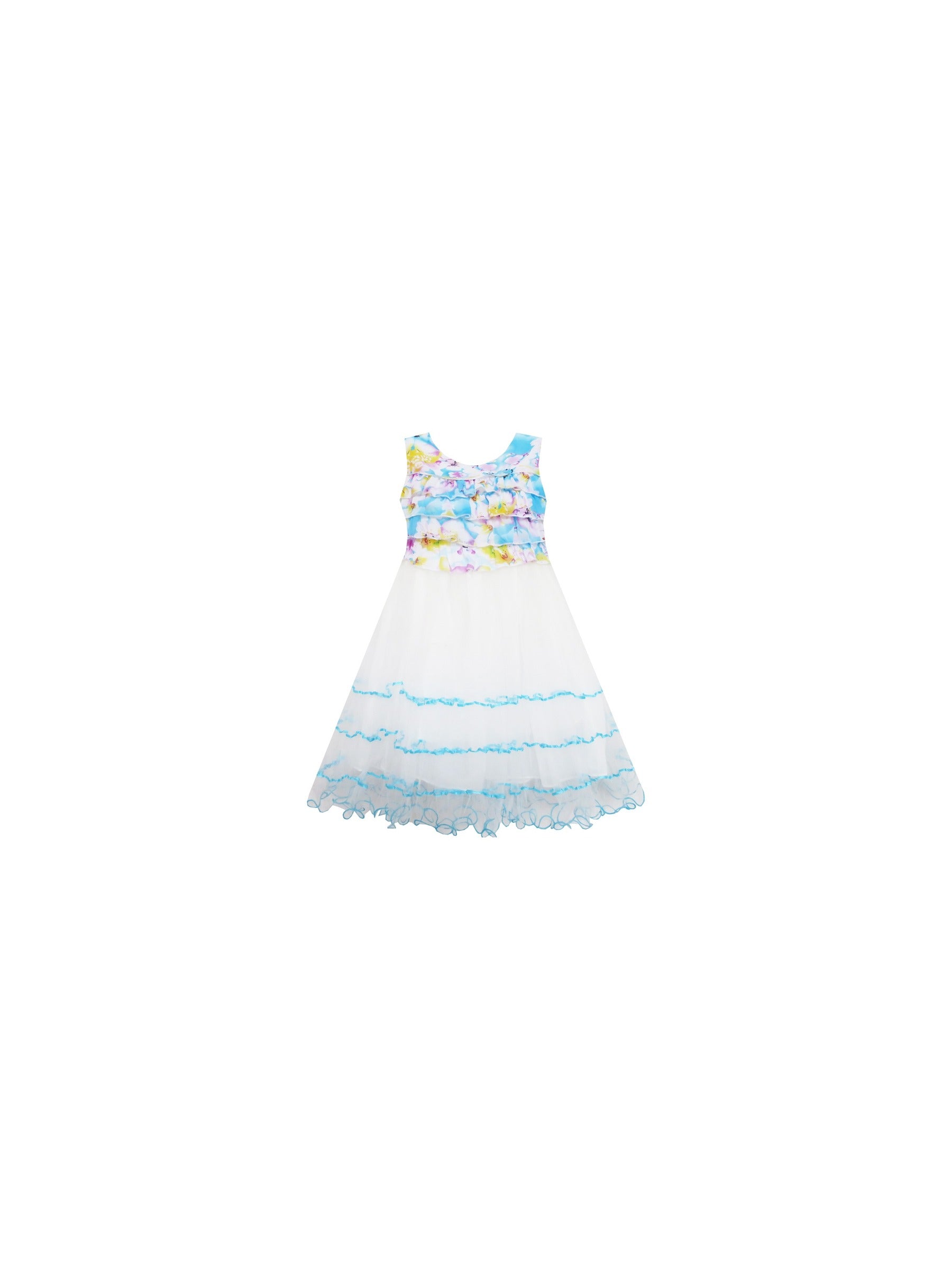 Girls Dress Sleeveless Pleated Bodice Lace Tiered Skirt Blue Blue
