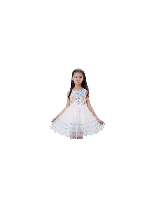 Girls Dress Sleeveless Pleated Bodice Lace Tiered Skirt Blue Blue