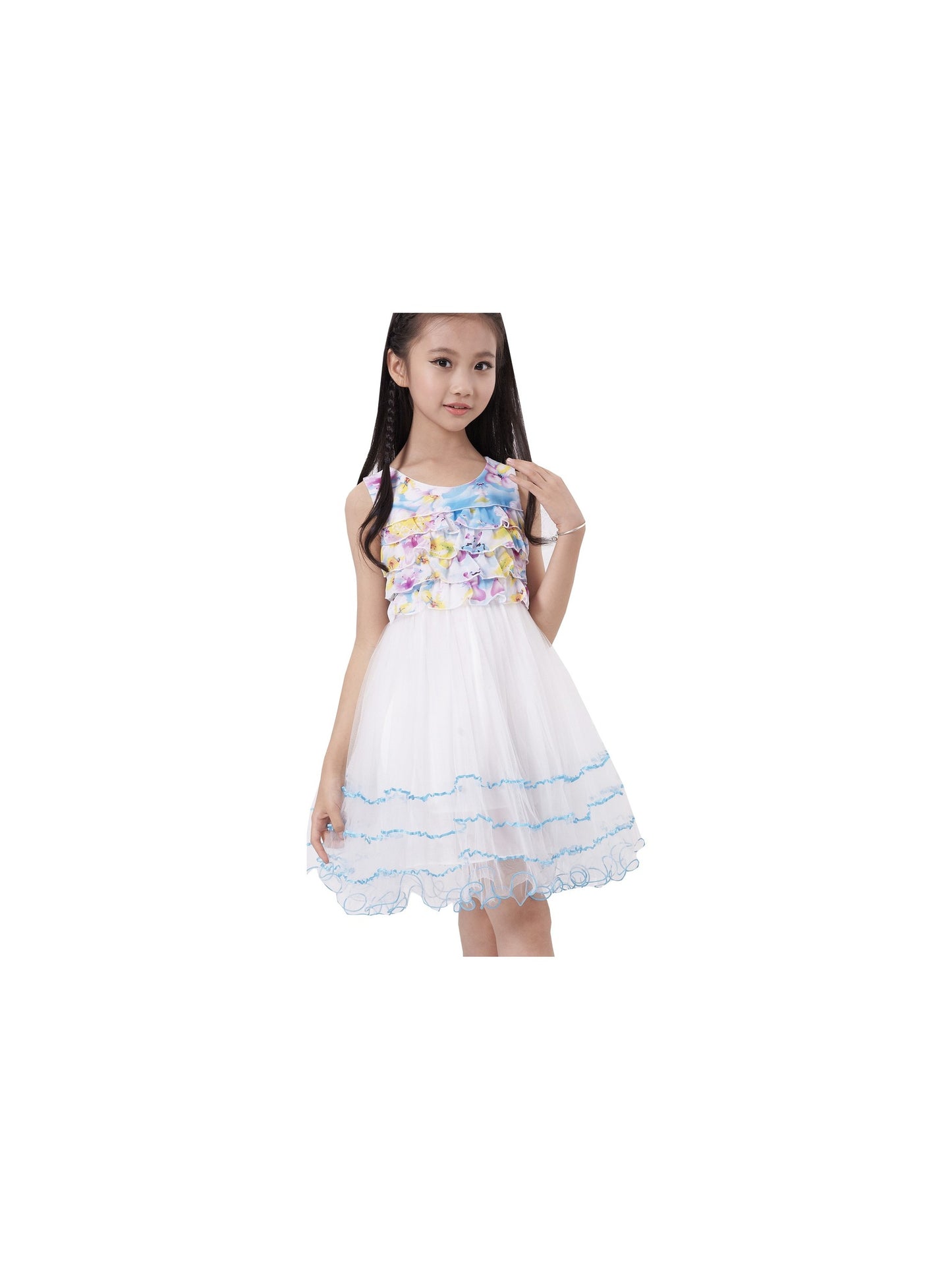 Girls Dress Sleeveless Pleated Bodice Lace Tiered Skirt Blue Blue
