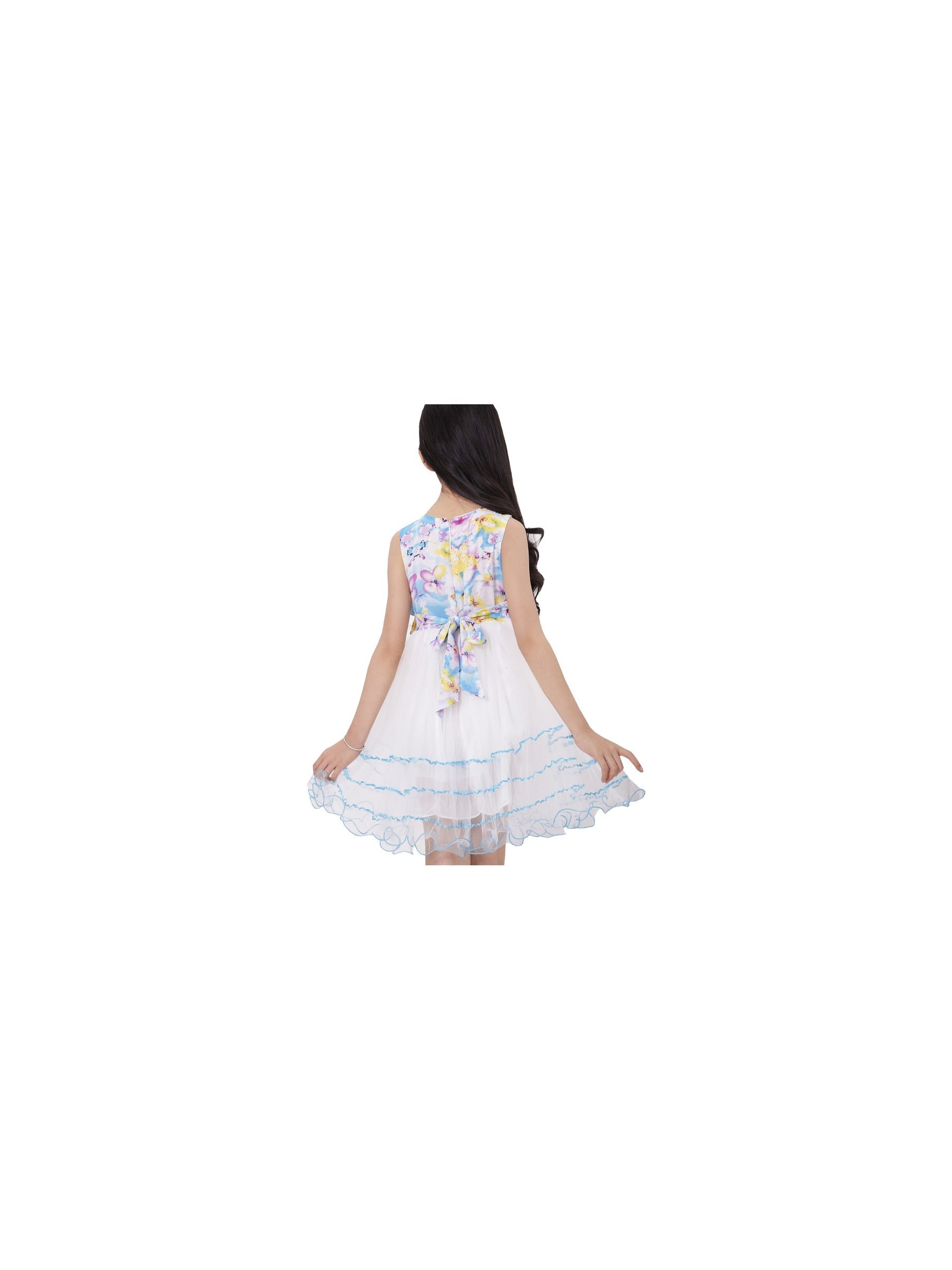 Girls Dress Sleeveless Pleated Bodice Lace Tiered Skirt Blue Blue