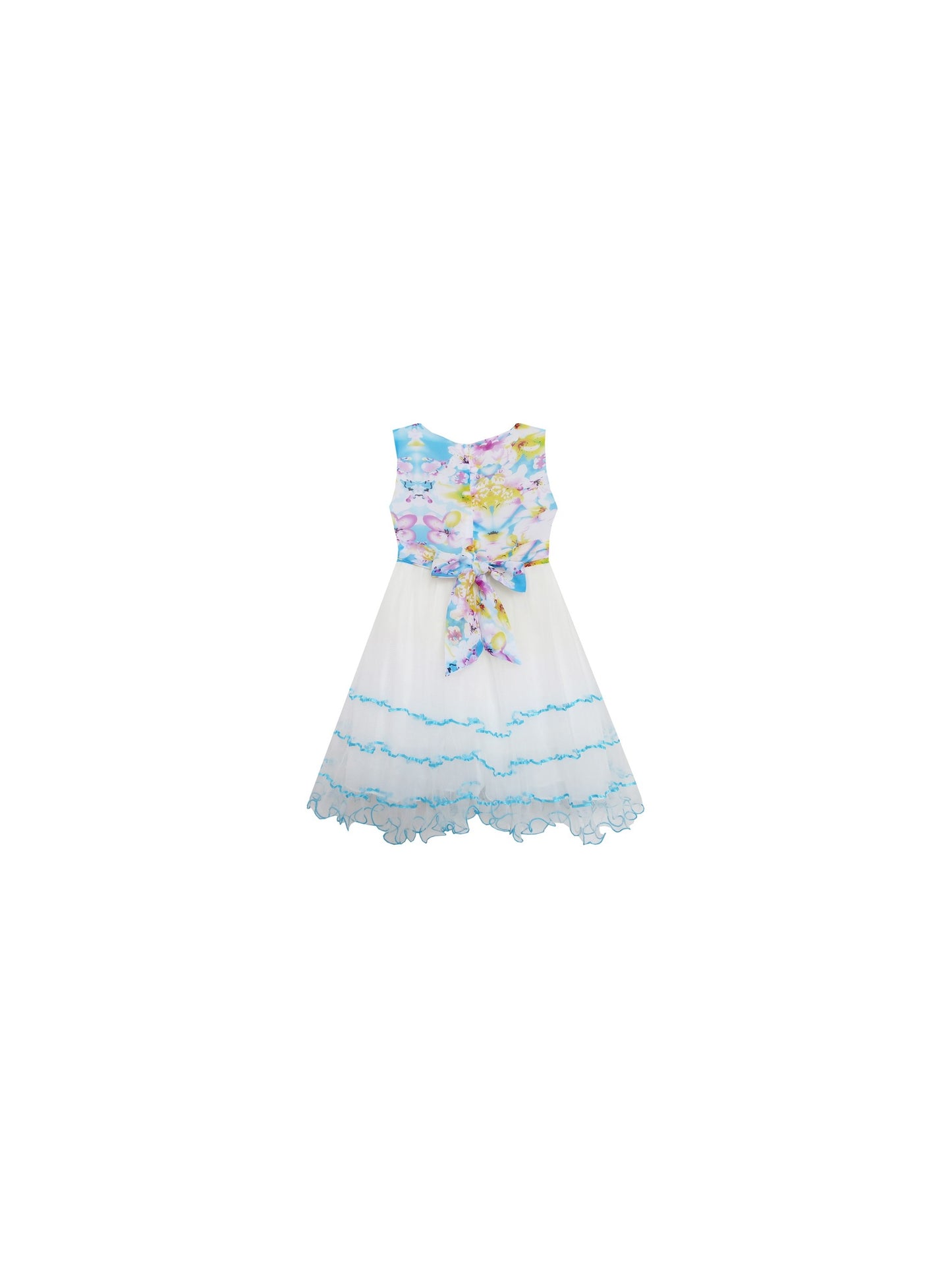 Girls Dress Sleeveless Pleated Bodice Lace Tiered Skirt Blue Blue