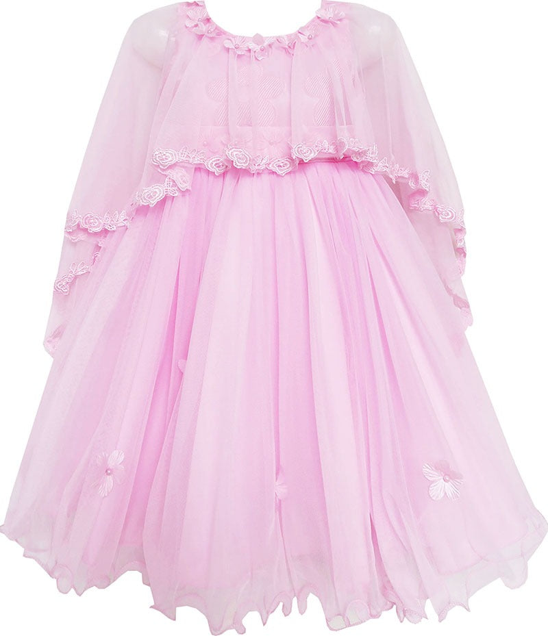 Girls Dress Wedding Flower Girl Lace Tulle Overlay with Shawl Pink Pink