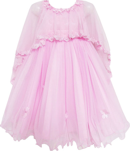 Girls Dress Wedding Flower Girl Lace Tulle Overlay with Shawl Pink Pink