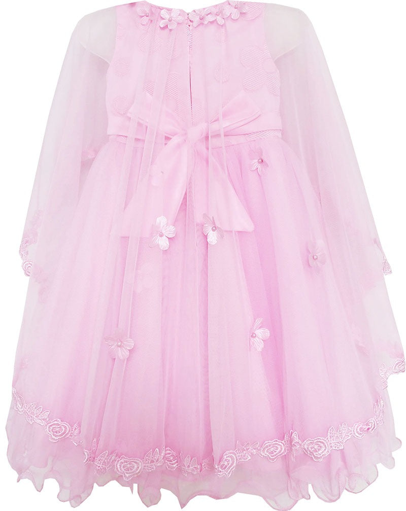 Girls Dress Wedding Flower Girl Lace Tulle Overlay with Shawl Pink Pink