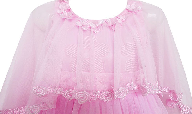 Girls Dress Wedding Flower Girl Lace Tulle Overlay with Shawl Pink Pink