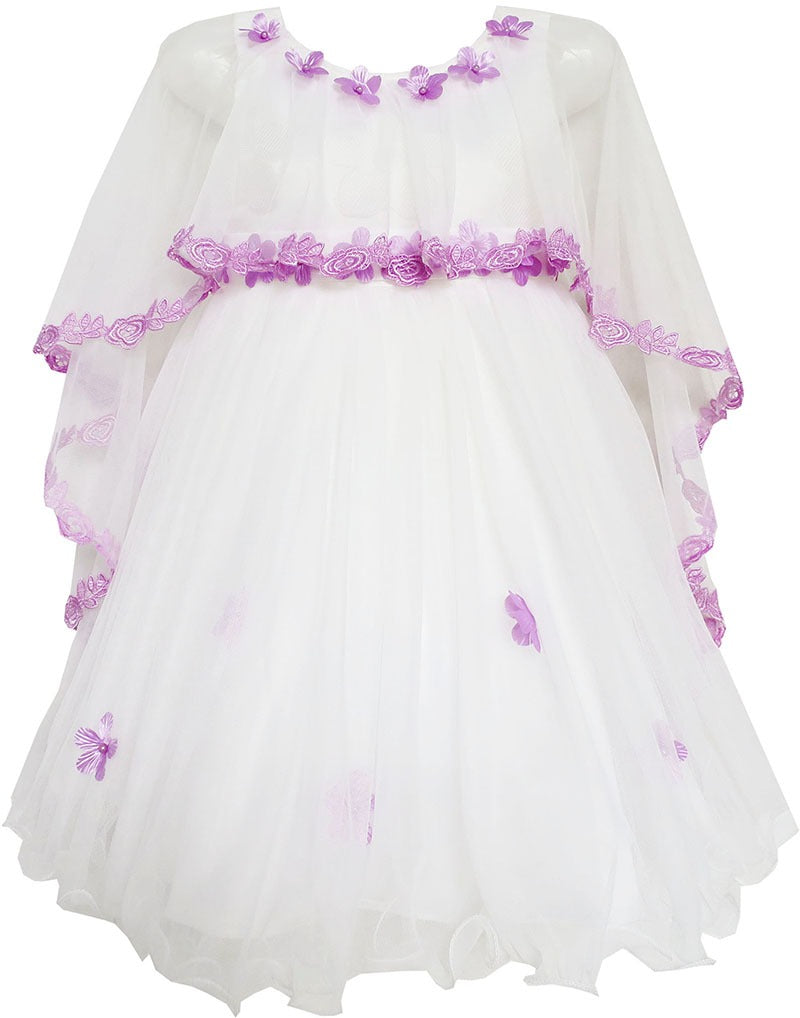 Girls Dress Wedding Flower Girl Lace Tulle Overlay with Shawl Pink Purple
